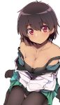  1girl absurdres bangs bare_shoulders between_legs black_tank_top blush breasts brown_hair brown_legwear cleavage collarbone commentary_request dark_skin eyebrows_visible_through_hair green_skirt hair_between_eyes hand_between_legs head_tilt highres kazenoko long_sleeves looking_at_viewer medium_breasts no_shoes off_shoulder original pantyhose parted_lips pleated_skirt red_eyes revision shirt simple_background sitting skirt solo strap_slip tank_top wariza white_background white_shirt 