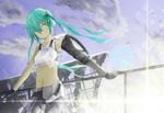  aqua_eyes aqua_hair gloves hatsune_miku long_hair loundraw navel sky vocaloid 