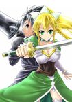  1girl black_eyes black_hair blonde_hair braid breasts cleavage green_eyes highres kirito kirito_(sao-alo) large_breasts leafa long_hair pointy_ears sword sword_art_online taiga~midnight twin_braids weapon 