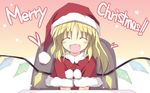  :d ^_^ alternate_costume blonde_hair blush chair christmas closed_eyes fangs flandre_scarlet happy hat heart highres merry_christmas open_mouth santa_costume santa_hat satou_kibi side_ponytail smile solo touhou wings 