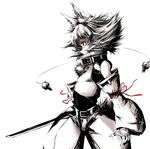  animal_ears collar detached_sleeves hat inubashiri_momiji katana mafei monochrome profile red_eyes short_hair simple_background solo sword tail tokin_hat touhou weapon white_background wolf_ears wolf_tail 