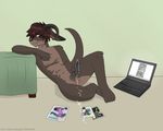  blush brown_fur brown_hair chancebandit computer cum dragon erection fur green_body hair hybrid lagomorph laptop male mammal masturbation nude penis rabbit sitting solo 