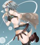  ass bare_shoulders belt boots braid breasts cape character_name denim denim_shorts from_behind hand_on_hip headband izayoi_sakuya knife large_breasts purple_eyes sanagi_(diohazard) short_shorts shorts silver_hair solo touhou twin_braids wrist_guards 