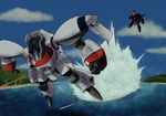  armor battle choujikuu_seiki_orguss cloud flying highres mecha no_humans orguss pix-001 sky speed_lines tree water weapon 