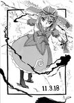  arm_ribbon boots bow cross-laced_footwear dated frills front_ponytail hair_bow hair_ornament hair_ribbon kagiyama_hina lace-up_boots long_hair monochrome outstretched_arms ribbon serious short_sleeves solo standing takuzui touhou 