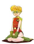  batman_(series) belt blonde_hair cape carrie_kelley dc_comics glasses gloves kingtime robin_(dc) short_hair sitting smile solo wariza yellow_eyes 