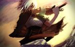  armor bandages cloak facepaint folded_ponytail gloves league_of_legends looking_at_viewer red_eyes riven_(league_of_legends) short_hair solo white_hair 
