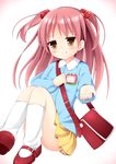  :q bad_id bad_pixiv_id bag blush brown_eyes child hair_bobbles hair_ornament handbag kindergarten_bag kindergarten_uniform long_hair looking_at_viewer loose_socks maccha mary_janes mikane_sebiri original pink_hair shoes skirt smile socks solo tongue tongue_out translated two_side_up 