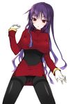  :o black_bodysuit blush bodysuit breasts gloves hizuki_akira large_breasts long_hair natsume_(pokemon) pantyhose pokemon pokemon_(game) purple_hair red_eyes solo thighband_pantyhose 