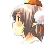  blush brown_hair expressionless hat looking_away looking_up pointy_ears profile red_eyes shameimaru_aya short_hair simple_background solo tokin_hat touhou white_background yudepii 