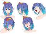  ^_^ blue_hair blush character_sheet closed_eyes gradient_hair h-new happy leaf maple_leaf multicolored_hair open_mouth profile purple_hair red_eyes sad short_hair slit_pupils smile tears touhou upper_body white_background yasaka_kanako 