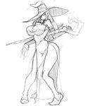  breasts bursting_breasts cleavage detached_sleeves dragon's_crown dress greyscale hat hat_over_one_eye huge_breasts kanemaki_thomas legs long_hair monochrome pigeon-toed pointy_shoes shoes side_slit sketch solo sorceress_(dragon's_crown) staff strapless strapless_dress thighs witch_hat 