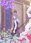  animal_ears capelet dowsing_rod flower grey_hair holding mouse_ears nazrin opening_door petals red_eyes short_hair smile solo tomobe_kinuko touhou wind 