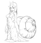  antennae breasts greyscale kanemaki_thomas long_hair medium_breasts monochrome monster_girl nude original personification shell slime snail solo 