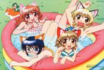  5girls :d absurdres animal_ears barefoot bikini blonde_hair blue_eyes blue_hair blush breasts brown_eyes brown_hair cat_ears hair_ornament hairclip hidamari_sketch highres hiro itou_yoshiaki kemonomimi_mode looking_at_viewer megami miyako multiple_girls official_art open_mouth pink_hair red_eyes red_hair sae short_hair smile swimsuit ume-sensei wading_pool yellow_eyes yuno 