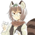  animal_ears brown_eyes brown_hair futatsuiwa_mamizou glasses leaf leaf_on_head pince-nez raccoon_ears raccoon_tail short_hair simple_background solo tail touhou white_background wild_and_horned_hermit yudepii 