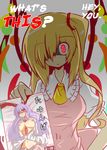  1girl adult animal_ears apron ascot asymmetrical_hair blonde_hair blush breasts bunny_ears female flandre_scarlet gomasamune hair_over_one_eye hand_on_hip hard_translated head_tilt huge_breasts long_hair manga_(object) navel necktie nipples older photo_(object) pornography purple_hair red_eyes reisen_udongein_inaba shaded_face side_ponytail solo touhou translated wings yandere 