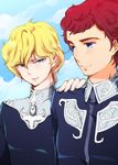  blonde_hair blue_eyes cloud day ginga_eiyuu_densetsu hand_on_shoulder male_focus military military_uniform multiple_boys narumi_(uminari) red_hair reinhard_von_lohengramm siegfried_kircheis sky smile uniform 