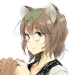  animal_ears brown_eyes brown_hair futatsuiwa_mamizou glasses leaf leaf_on_head looking_at_viewer short_hair simple_background solo touhou white_background wild_and_horned_hermit yudepii 