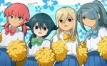  afuro_terumi androgynous blue_eyes blue_hair brown_eyes crossdressing crossover green_hair hair_over_one_eye inazuma_eleven inazuma_eleven_(series) inazuma_eleven_go kazemaru_ichirouta kirino_ranmaru long_hair male_focus mistorene_callus mizuhara_aki multiple_boys open_mouth otoko_no_ko pink_hair pom_poms skirt twintails 