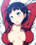  aqua_eyes arms_up bed_sheet black_hair blush breasts breasts_apart center_opening kirigaya_suguha large_breasts lying no_bra on_back open_clothes open_mouth open_shirt pajamas shirt short_hair solo sword_art_online upper_body xxxx 