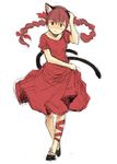  animal_ears blush braid brown_eyes cat_ears cat_tail dress extra_ears kaenbyou_rin long_hair looking_at_viewer multiple_tails pointy_ears red_hair simple_background smile solo tail touhou twin_braids twintails white_background yudepii 