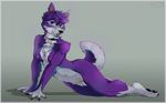  breasts canine collar dog ear_piercing female fur husky jijix looking_at_viewer mammal nipples nude piercing plain_background purple_fur pussy solo tongue tongue_out 
