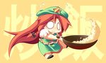  :3 bad_id bad_pixiv_id braid chibi cooking flipping_food food fried_rice frying_pan hair_ribbon hat hong_meiling long_hair o_o puffy_sleeves red_hair ribbon rice shirt short_sleeves side_slit skirt skirt_set solo star sweat touhou ushi v-shaped_eyebrows very_long_hair vest wok 