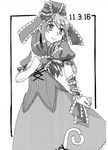  arm_ribbon boots border bow cross-laced_footwear dated dress frills front_ponytail hair_bow hair_ornament hair_ribbon hand_on_own_chest kagiyama_hina lace-up_boots long_hair looking_at_viewer monochrome ribbon short_sleeves solo takuzui touhou 