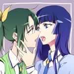  aoki_reika blue_eyes eye_contact green_eyes green_hair imminent_kiss long_hair looking_at_another midorikawa_nao multiple_girls nanairogaoka_middle_school_uniform necktie negom open_mouth ponytail precure purple_hair school_uniform short_hair smile_precure! yuri 