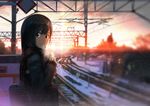  akaitera bad_id bad_pixiv_id bag banned_artist black_hair blue_eyes can holding long_hair looking_at_viewer original railroad_tracks scarf smile snowing solo standing sunlight twilight 