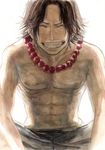  1boy beads chikama chikama_(minka) freckles jewelry male male_focus necklace one_piece portgas_d_ace smile solo topless traditional_media watercolor watercolor_(medium) 