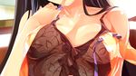 bare_shoulders black_hair breasts collarbone cropped finger_to_mouth head_out_of_frame hinohoshi_ataru long_hair medium_breasts original ribbon solo sweat tank_top 