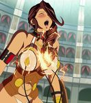 1girl armor bare_shoulders blush branwen breasts brown_hair dark_skin electricity electrodes electrostimulation eyes_closed hair_over_one_eye highres large_breasts long_hair masochist open_mouth panties queen&#039;s_blade queen&#039;s_blade_rebellion queen's_blade queen's_blade_rebellion slave solo standing underwear 