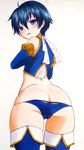  ass bare_shoulders blue_eyes blue_hair blush boots butt_crack detached_sleeves from_behind looking_back panties persona persona_4 persona_4_the_golden shirogane_naoto solo thighhighs underwear 