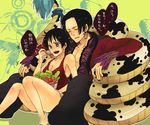  1boy 1girl black_hair blue_eyes boa_hancock chikiko_(chiki2424) couple earrings genderswap jewelry monkey_d_luffy one_piece pixiv_manga_sample salad salome_(one_piece) scar short_hair shorts snake 