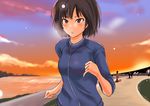  amagami black_hair blush brown_eyes exercise jogging murasaki_iro nanasaki_ai outdoors path river road short_hair sleeves_pushed_up snowflakes snowing solo sunset sweatshirt 