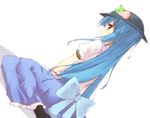  blue_hair bow dutch_angle food fruit hat hinanawi_tenshi long_hair peach red_eyes shuizao_(little_child) simple_background sitting skirt solo touhou wariza white_background 