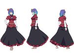  blue_hair breasts dress full_body gradient_hair h-new hand_on_hip leaf maple_leaf medium_breasts multicolored_hair purple_hair red_eyes sandals short_hair simple_background slit_pupils touhou white_background yasaka_kanako 