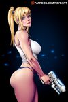  ass bangs bare_shoulders blonde_hair blue_eyes blue_panties breasts commentary english_commentary from_side gun high_ponytail highres holding holding_gun holding_weapon large_breasts legs looking_at_viewer metroid nintendo panties parted_lips pinup ponytail reydart samus_aran thighs thong underwear weapon white_tank_top 