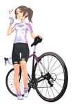  :t bicycle bike_shorts brown_eyes brown_hair eating eighth_note food ground_vehicle heart hitomi_kazuya long_hair musical_note original ponytail shoes simple_background sneakers solo white_background 