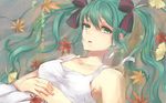  akatsuki_kouya green_eyes green_hair hair_ribbon hatsune_miku leaf long_hair musical_note ribbon solo twintails vocaloid 