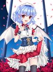  bat_wings black_legwear blue_hair blush flower fred0092 highres looking_at_viewer maid maid_headdress moon open_mouth petals puffy_sleeves red_eyes remilia_scarlet short_hair short_sleeves skirt skirt_lift smile solo thighhighs touhou wings wristband 