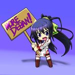  black_hair boots chibi crossover fang holding holding_sign infinite_stratos long_hair more_deban open_mouth parody placard ponytail purple_eyes shinonono_houki sign solo sword_art_online tales_(tales_of_phirmament) 