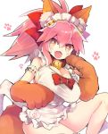  1girl animal_ear_fluff animal_ears apron armband artist_name bangs bell bell_collar blush bow breasts cat_ornament cleavage collar commentary_request eyebrows_visible_through_hair fangs fate/grand_order fate_(series) fox_ears fox_girl fox_tail frilled_armband frilled_bow frills gloves hair_bow jingle_bell large_breasts looking_at_viewer maid_headdress naked_apron open_mouth paw_gloves paw_print paws pink_hair red_bow sidelocks simple_background sitting sketch smile solo tail tamamo_(fate)_(all) tamamo_cat_(fate) tied_hair white_apron white_background white_pupils wide_ponytail yellow_eyes yuzuki_gao 
