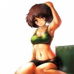  akiyama_yukari arm_up bangs bike_shorts blush bra brown_eyes brown_hair flexing girls_und_panzer ground_vehicle looking_at_viewer messy_hair military military_vehicle motor_vehicle navel pose short_hair sitting smile solo sports_bra tank toned underwear yilx 