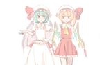  ascot blonde_hair blue_hair flandre_scarlet hat hat_ribbon multiple_girls open_mouth puffy_sleeves red_eyes remilia_scarlet ribbon shirt short_hair short_sleeves siblings side_ponytail simple_background sisters skirt skirt_set slit_pupils standing takuzui touhou white_background wings 