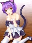  animal_ears bad_id bad_pixiv_id bare_shoulders bell bell_collar breasts brown_eyes cat_ears cleavage collar daitoshokan_no_hitsujikai finger_to_mouth highres looking_at_viewer maid medium_breasts misono_senri noshimasa off_shoulder purple_hair shoes short_hair sitting solo tail thighhighs tongue wariza wooden_floor wrist_cuffs zettai_ryouiki 