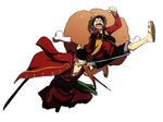  2boys black_hair duo food green_hair hat jacket male male_focus mead meat monkey_d_luffy mouth_hold multiple_boys one-eyed one_piece one_piece_film_z roronoa_zoro rororo_(666lz) scar straw_hat sword triple_wielding weapon 