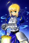  ahoge armor armored_dress artoria_pendragon_(all) blonde_hair dress excalibur fate/stay_night fate_(series) gauntlets glowing glowing_sword glowing_weapon green_eyes hair_ribbon hands_on_hilt hidaka_ajiko planted_sword planted_weapon ribbon saber solo sword weapon 